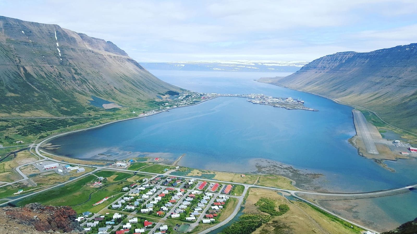 Ísafjörður town and bay from Kubbi mountain